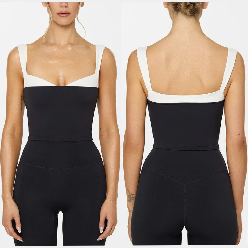 Women Contrast Color Square Neck Sports Tank Top Wide Strap Padded Longline Sports Bra Crop Yoga Top Workout Fitness Sports Vest