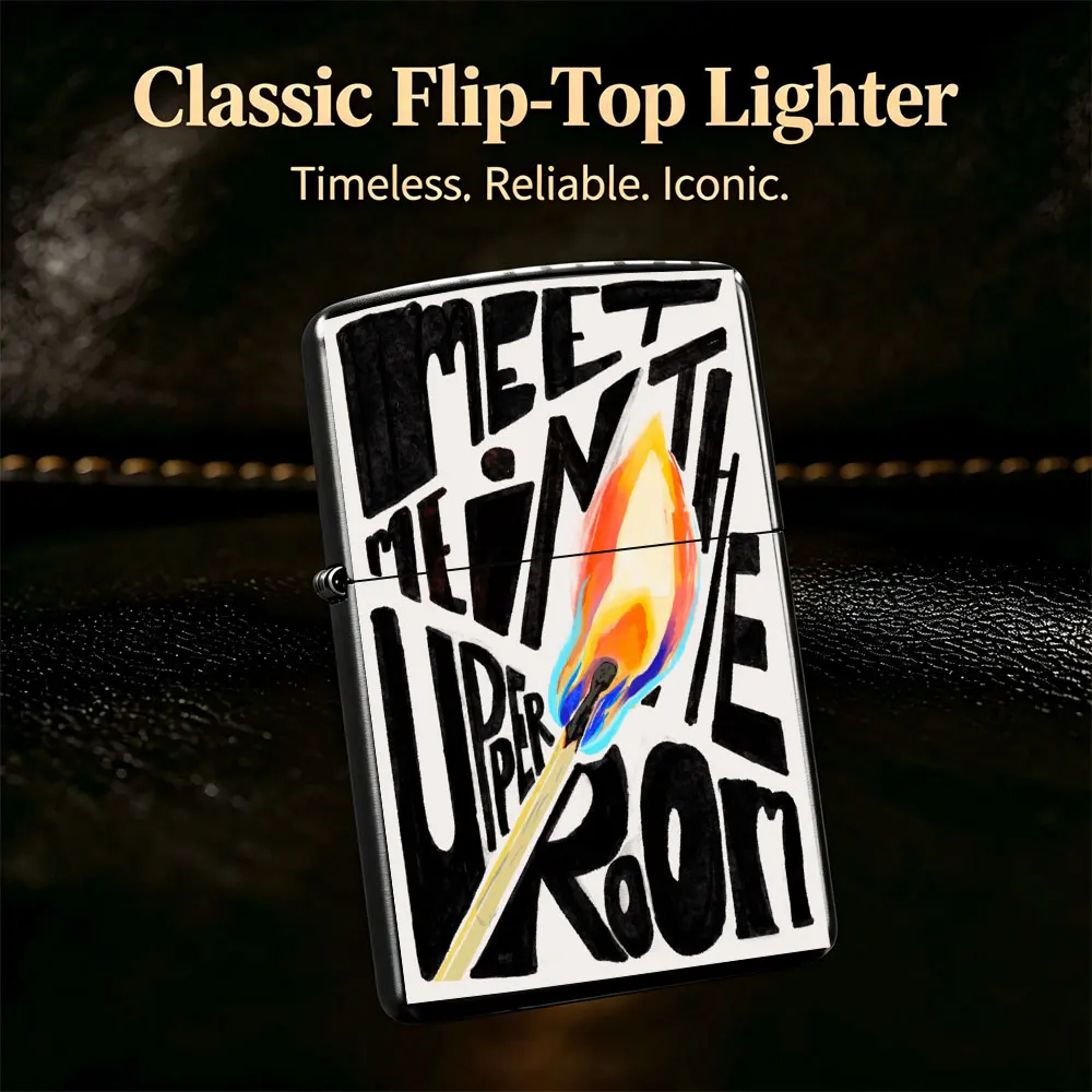 Pocket Lighter, Flip-Top Windproof, Metal Shell, Classic Matchstick Print Design, Ergonomic Grip, Portable & Durable