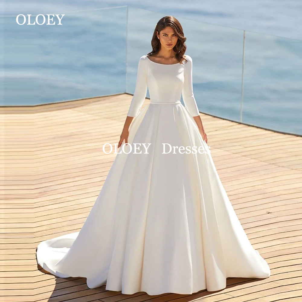 

OLOEY Modest Full Sleeves A Line Wedding Dresses Floor Length Pleats Bride Gowns Customized Vestidos De Novia Scoop Neck