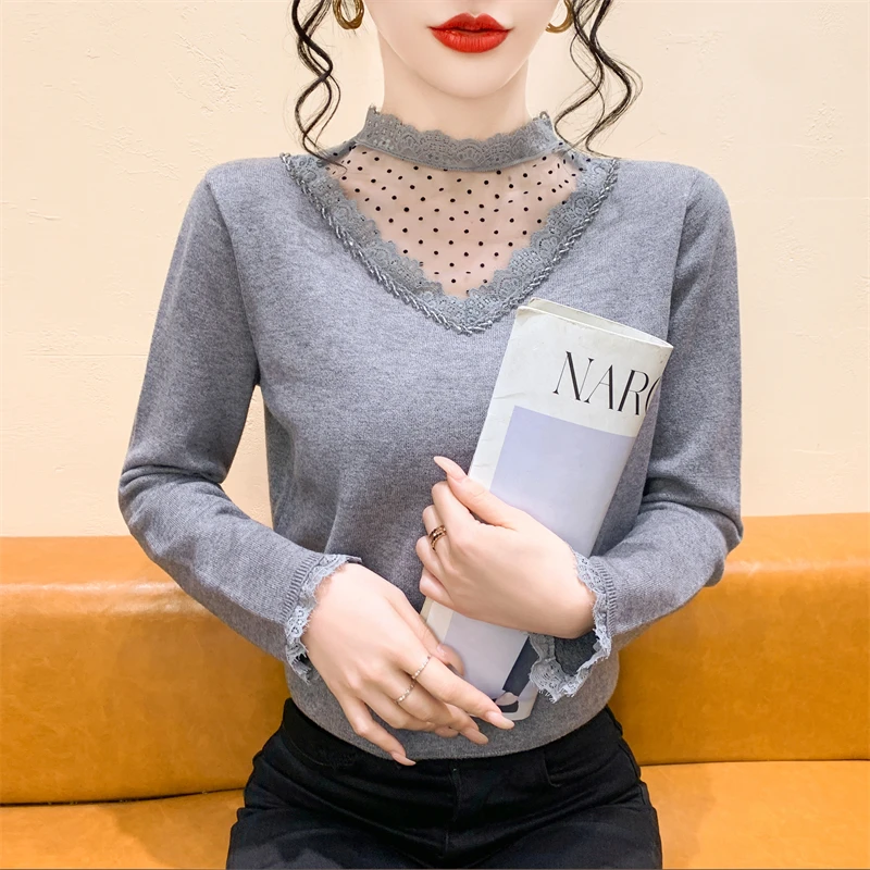 

French Sle Slim Fit Lace Patchwork f High Collar Knitted Sweater Women's Autumn Winter New Sle Base Layer Top irt