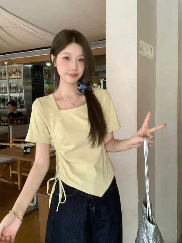 plus Size Drawstring Waist Short Sleeve T-Shirt Women's Summer New Style 300 Pounds Fat MM Slimming Top Short Length