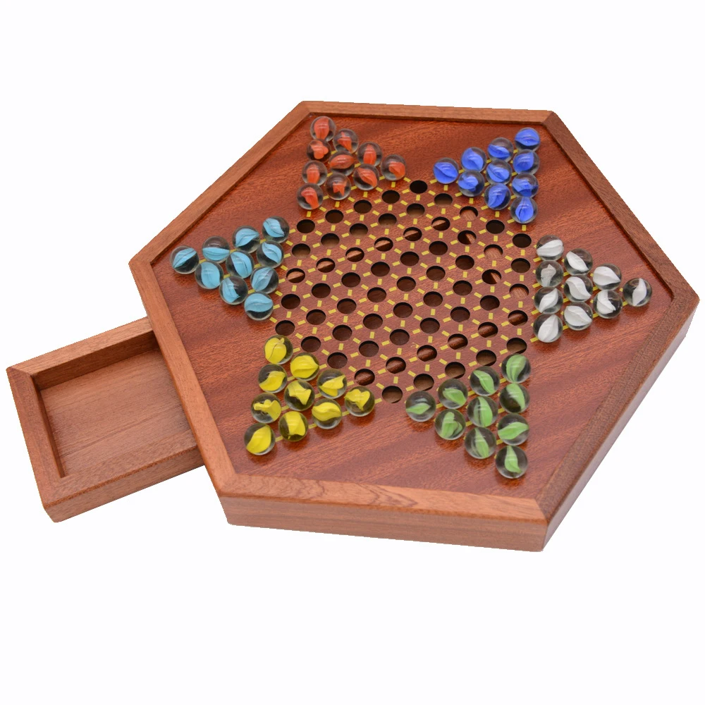 

Wooden Chinese Checkers Set with Storage Drawer Children Adults Wooden Chess Board Game Glass Marble Christmas Gift