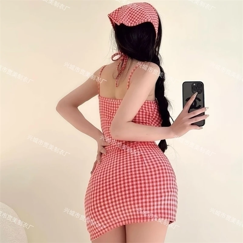 Neuer 2025, dreiteiliger Badeanzug, schlankmachendes Cover-Up, Urlaubsschönheit, kariertes Muster, konservatives Bikini-Set im koreanischen Stil