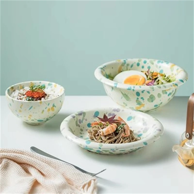 Round Porcelain Plate Ceramic Dinnerware Set Colorful Ink Dot Mug Handle Bowl Household Utensils Breakfast Oatmeal Small Bowl