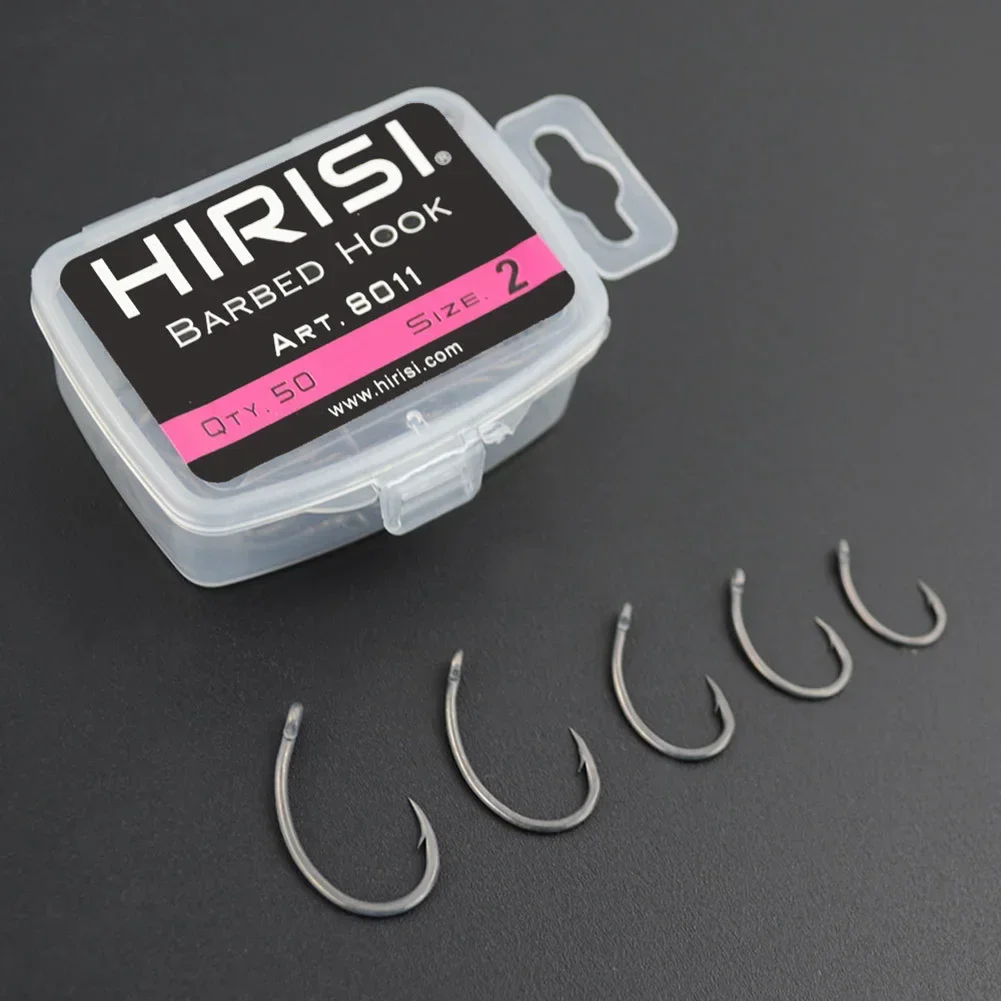HIRISI 50PCS Fishing Barbed Hook Curve Shank Professional Series Carp Hooks Hair Rigs Portable Tackle Tools High Quality Part