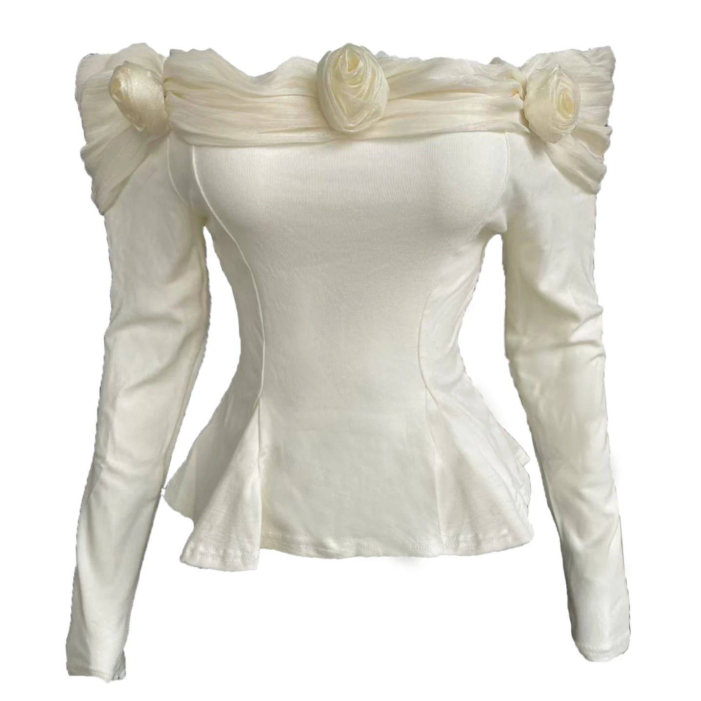 Francuskie seksowne bluzki z odkrytymi ramionami, trójwymiarowe kwiaty, kolekcja wiosna-jesień 2026, koszula damska z długim rękawem, słodkie falbanki, T-shirt.