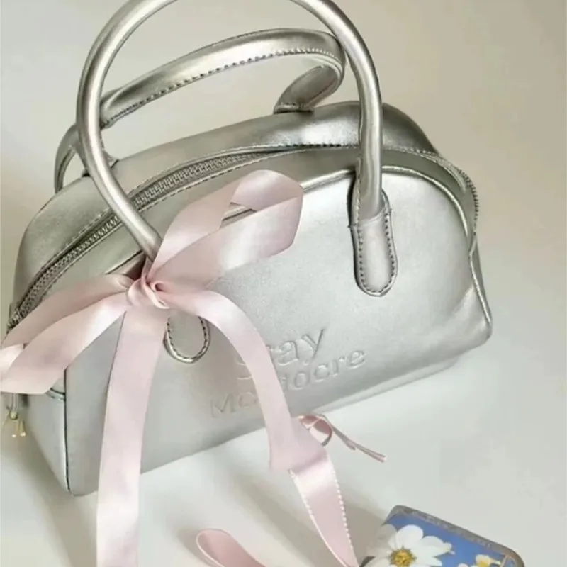 

JIAERDI Sweet Cute Balletcore Bow Handbag Women Letter Print Silver Large Capacity Boston Bag Ladies Harajuku Y2k Tote Bag 2025