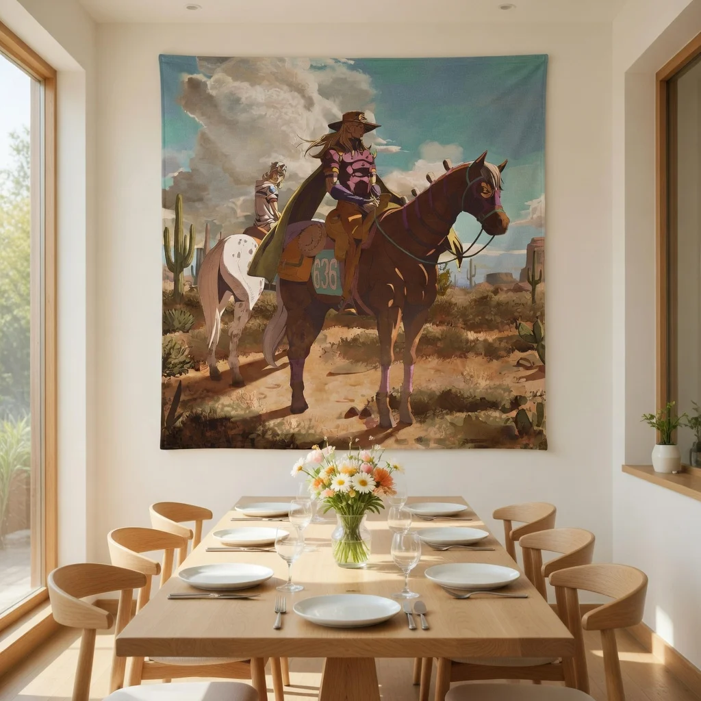 Anime Adventure Cowboy Tapestry Flat Print Western Desert Horse Racing Wall Hanging for Living Room Bedroom Dorm Decor