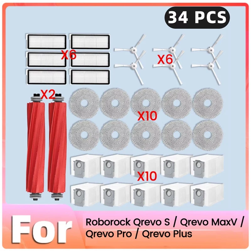 34Pcs Main Side Brush Filters Mop Dust Bags For Roborock Qrevo Pro/Qrevo Maxv/Qrevo S/Qrevo Plus Vacuum Cleaner Parts