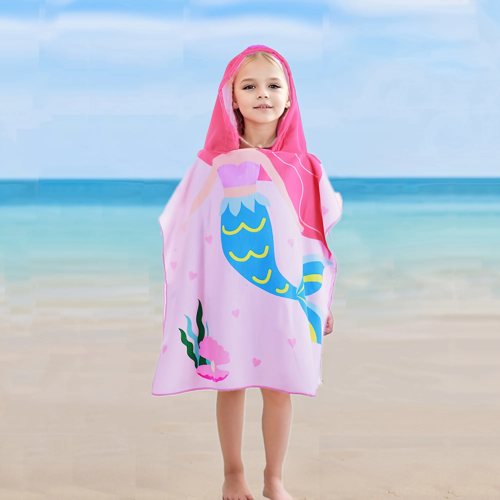 1pc Mermaid Cartoon Printed Bathrobe Soft Bathrobe Super Absorbent Suit For Beach Pool Seaside Camping Gift For Aged 2 to 9 Girl