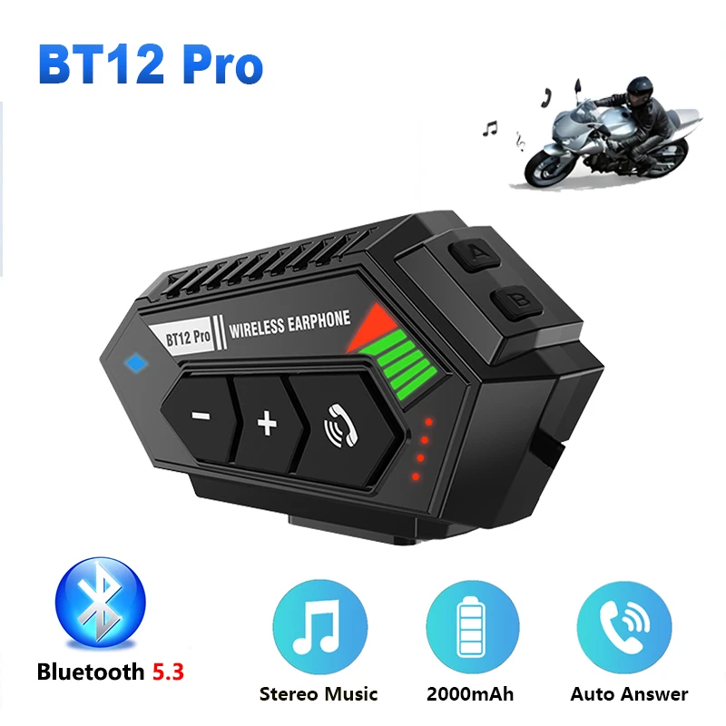 

Bluetooth-гарнитура BT12 Pro для мотоциклетного шлема, стереофоническая, водонепроницаемая, с интеллектуальным шумоподавлением, 2000 мАч, голосовой помощник, BT V5.3