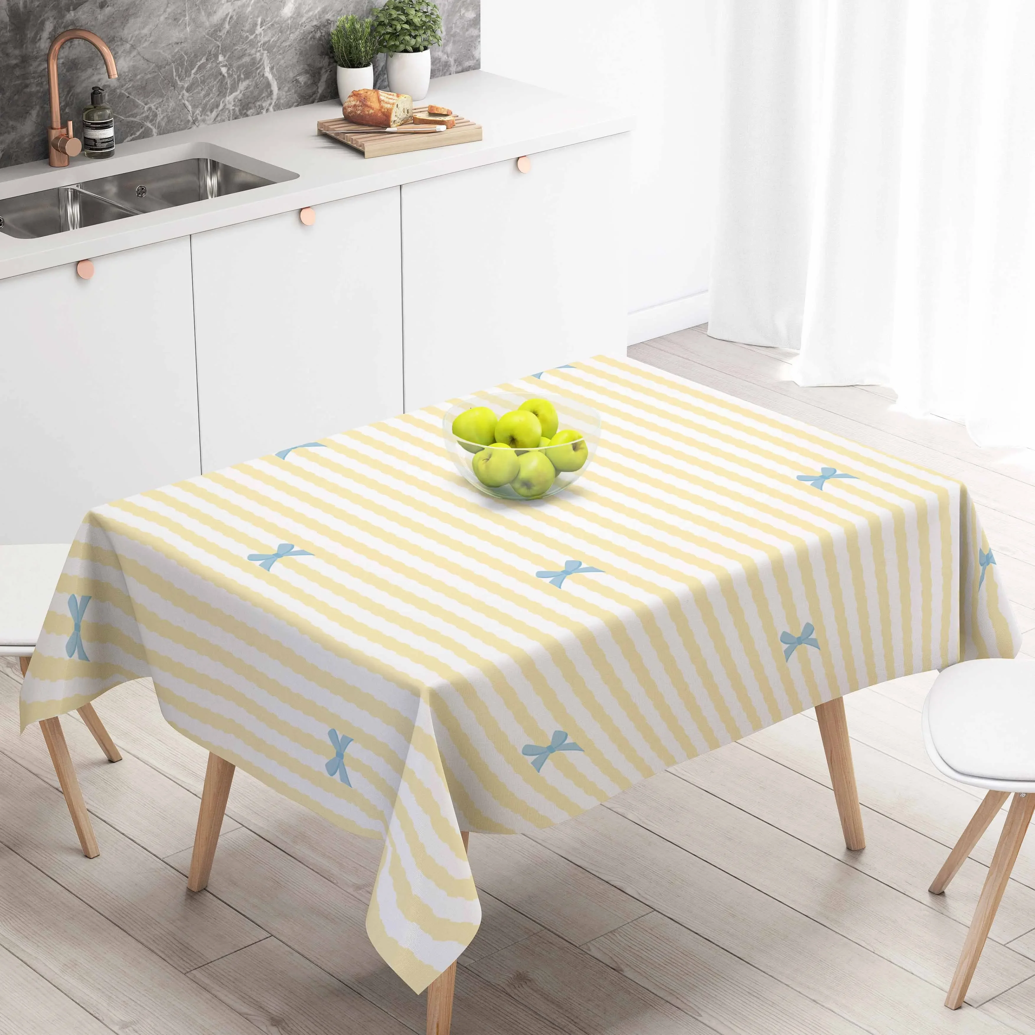 1 PC polyester tablecloth, comfortable and beautiful, featuring yellow and white vertical stripes combined with blue bows.