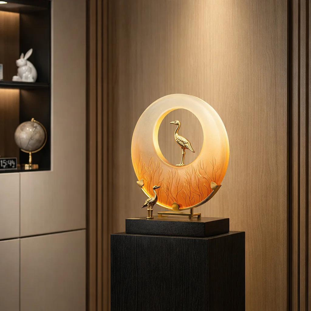 %R  Crane Themed Illuminated Circular Resin Sculpture Traditional Antique Handmade Eco-Friendly Durable Home Living！