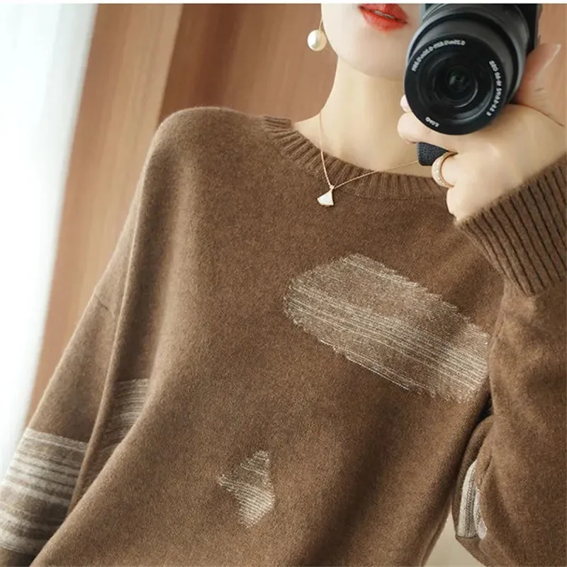 Stylish Printed O-Neck Spliced Korean Sweaters Women's Clothing Autumn Winter New All-match Casual Pullovers Loose Commute Tops