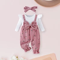 Citgeett Autumn Infant Baby Girls Long Sleeve Romper Floral Print Patchwork Bow Jumpsuits Cute Headband Clothes Set 2