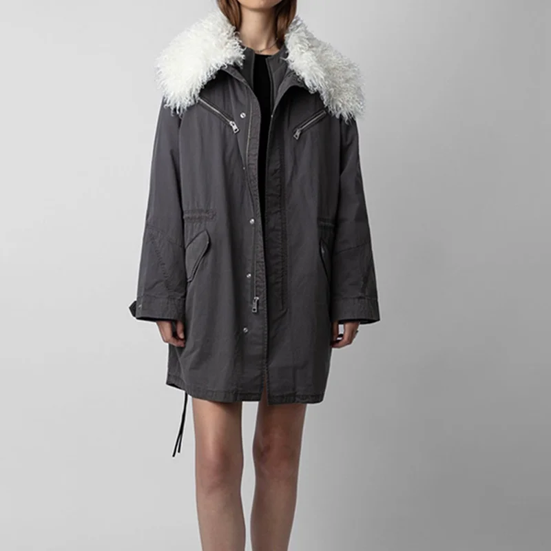 معاطف رمادية أنثى سستة فضفاضة سستة سترات طويلة الشتاء ملابس علوية من القطن المرأة معطف كبير الفراء طوق سترة جيب عادية