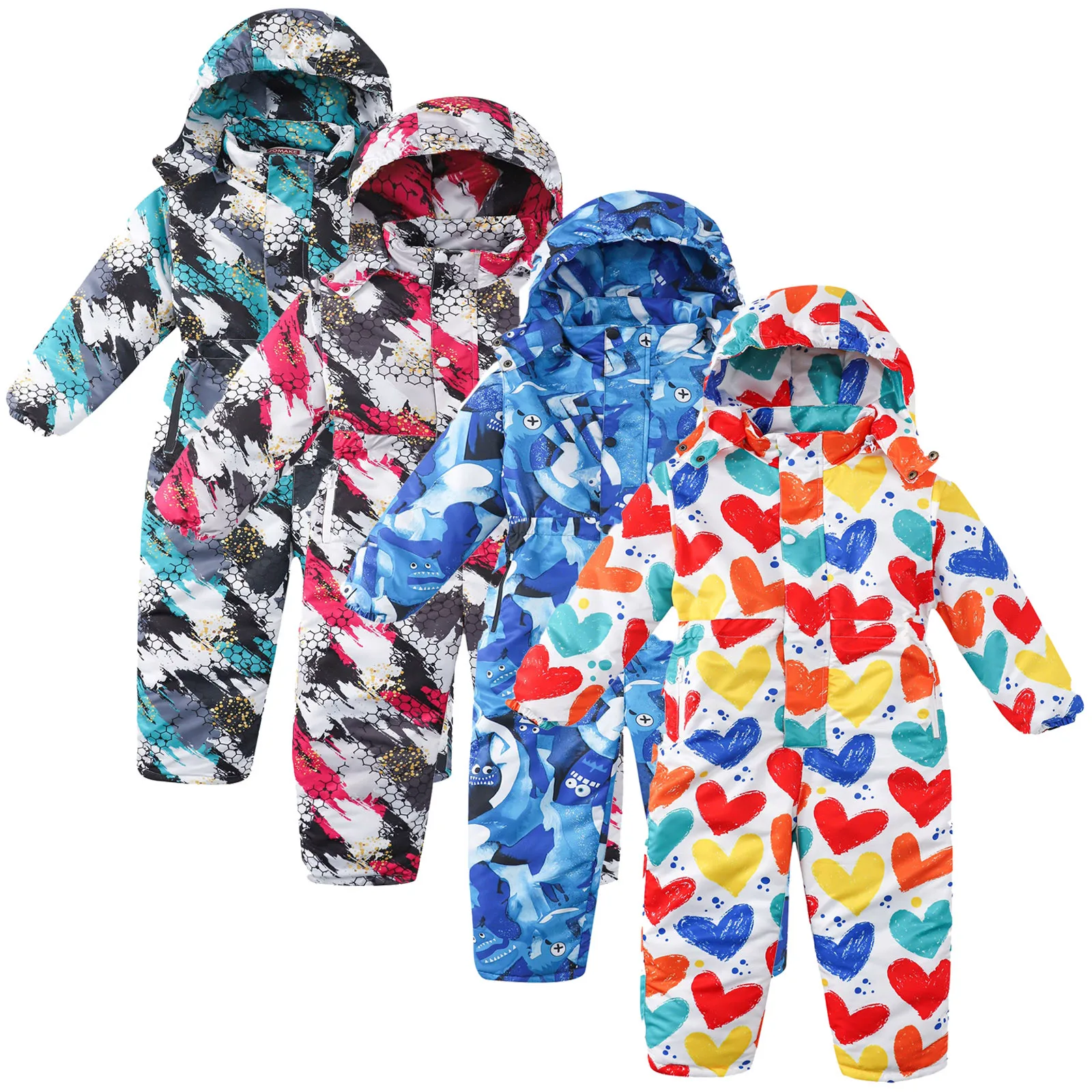 2024 Winter Kids Ski Suits One-piece Boys Girls Hooded Jumpsuit Printed Waterproof Windproof Children's Warm Snowboarding Wear