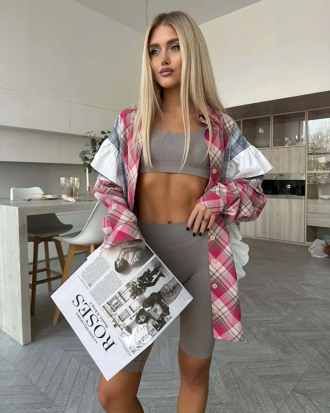 Women's Plaid Patchwork Shirt with Ruffle Details Fashion Full Sleeve Single Breasted Loose Top Female Chic Casual Streetwear