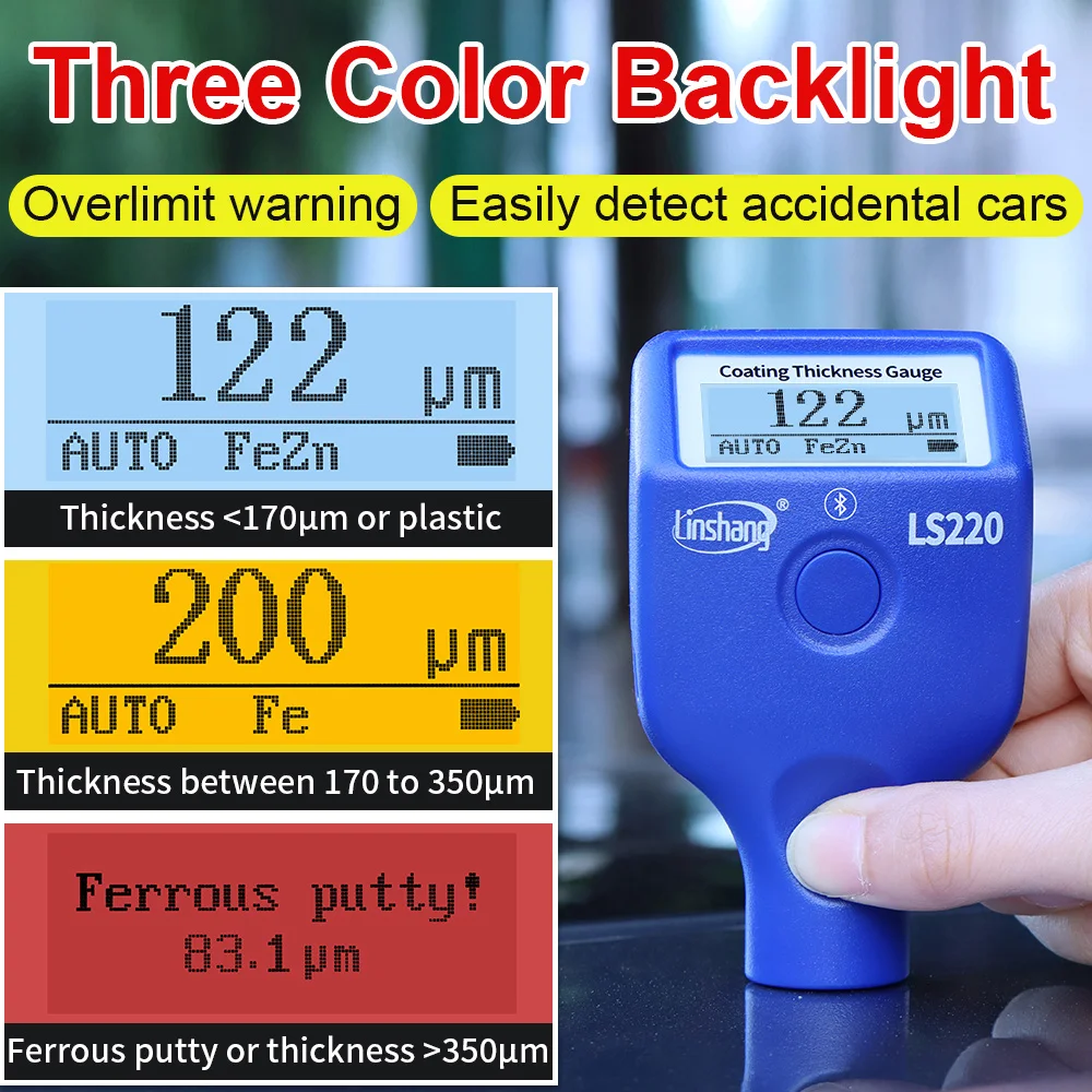 

LS220 Paint Coating Thickness Tester 0-2000μm 0.1μm Fe NFe Probe Gauge for Auto Car Paint Film Thickness Gauge -20℃ LCD Screen