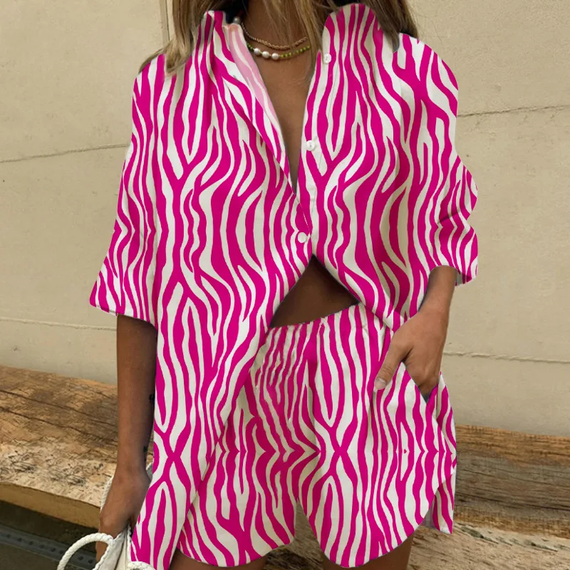 2024 summer  camisa informal Bohemia para vacaciones en la playa, conjuntos de 2 piezas para mujer, traje holgado con estampado