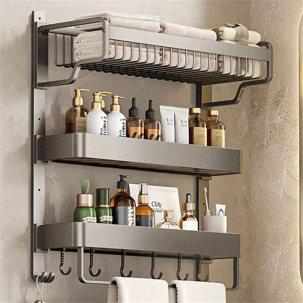 1 Piece 3-Layer Bathroom Space Towel Rack With Shampoo Bottle Mouthwash Cup 3-Layer Rack Bathroom Pole With Hook