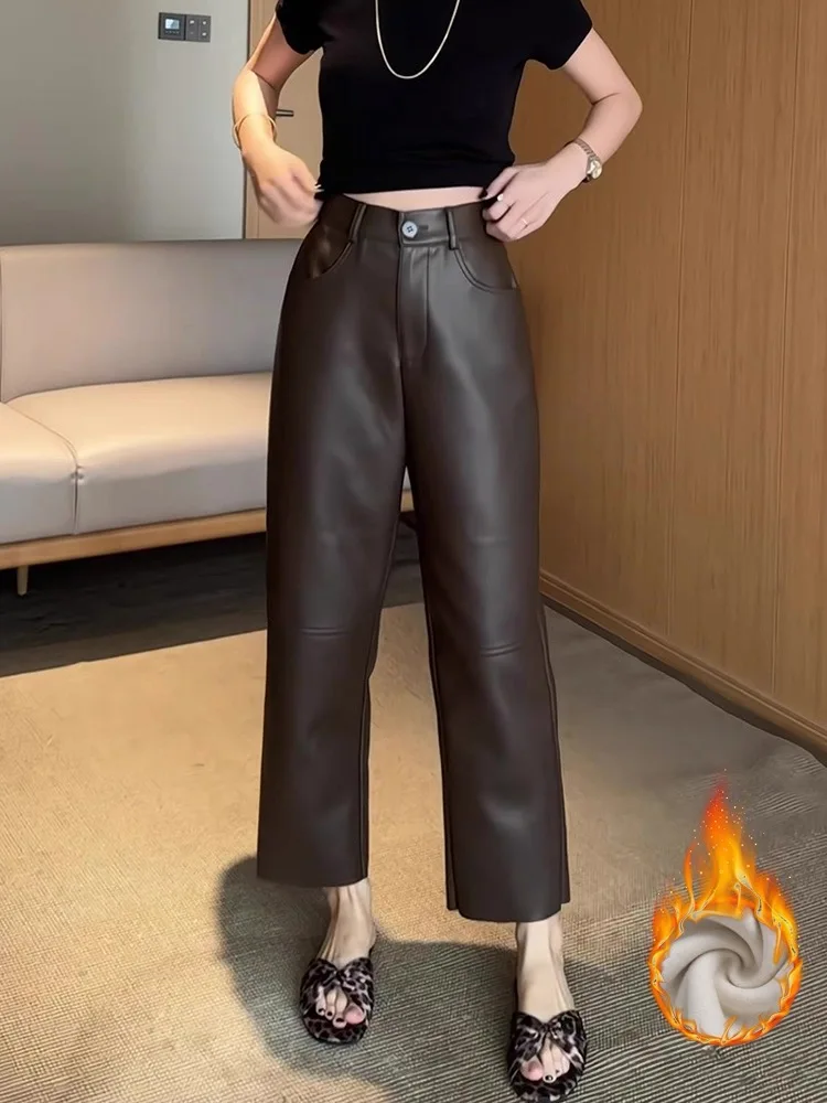 

Женские брюки прямого кроя с высокой талией цвета глубокого кофе, осенняя новинка, большие размеры, утягивающие, повседневные, удобные