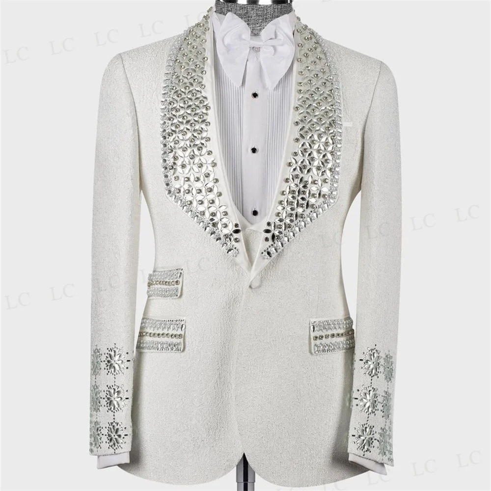 Floral Wedding Groom Diamonds Beading Crystals Men Suits 2 Pieces Blazer Vest One Button Formal Work Wear Plus Size Tailored