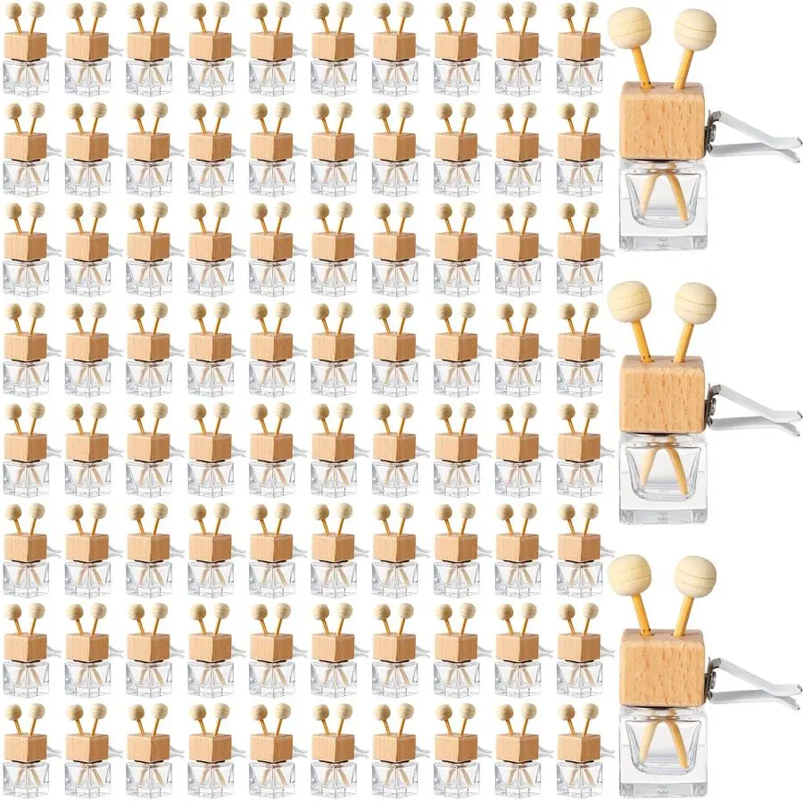 

100 Pcs Car Diffuser Bottles Empty Bulk Vent Clip Car Air Freshener Diffuser for Essential Oil Perfume Glass Bottle with Wooden