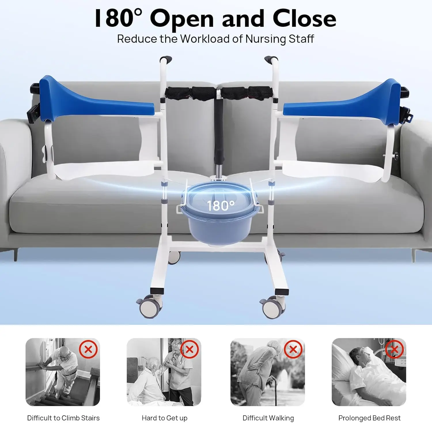كرسي نقل رفع المريض لكراسي المسنين والمعاقين 180 ° مقعد منفصل، ارتفاع الرفع الهيدروليكي القابل للتعديل، 19.4 رطل