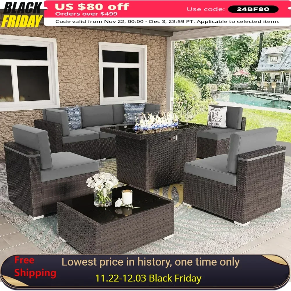 

8 Pieces Patio Furniture Set with 44" Propane Gas Fire Pit Table, Brown Rattan Wicker Conversation Sofa Sets with Coffee Table