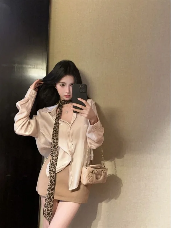 

Ele Silk Ne Long Sve irt Women's Autumn High Waist Slim Fit Commute Top Skirt Set Faionable Busin Casual