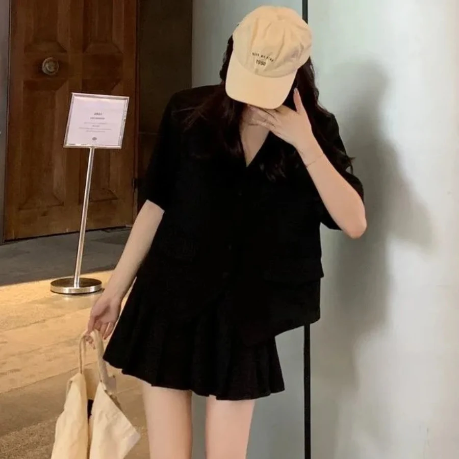 Skirt Set Women 2pcs Jacket Short Sleeve Top Korean Loose Outfits Solid High Waist Pleated Mini Dress Summer Casual Streetwear