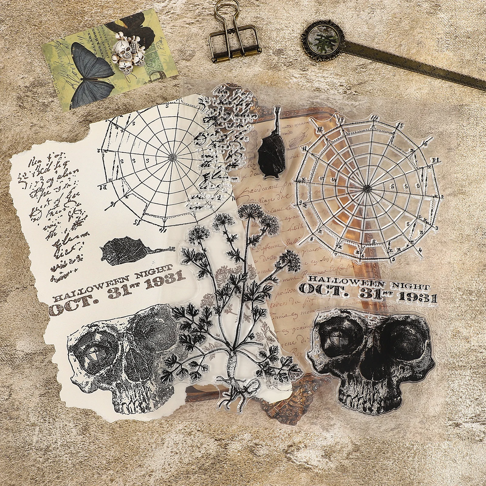 Vintage Leaf Halloween Witch Skull Spider Web Landscape Transparent Silicone Stamp Creative DIY Journal Material Stationery