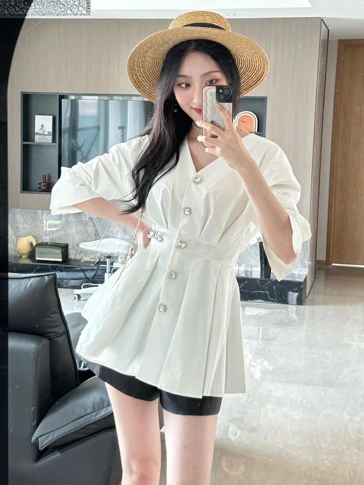 

Ele V-Ne Mid-Length irt Women's High Waist Heavy Rhinestone Button Ele Aosphere New Autumn High-End irt