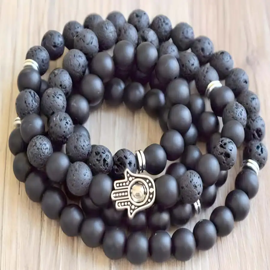 

8mm Black Lava Stone Obsidian 108 Gemstone mala Bracelet Chaplet Tibetan elastic zazen Buddhist Natural stone Yoga Men's Hand