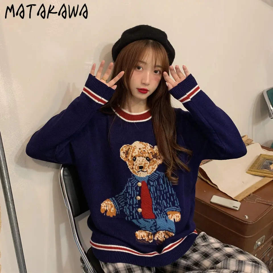 Matakawa Women Vest Korean Fashion Loose Knitted Colete Feminino Embroidery Bear Sleeveless Vests Gilet Pullover Sweater Mujer