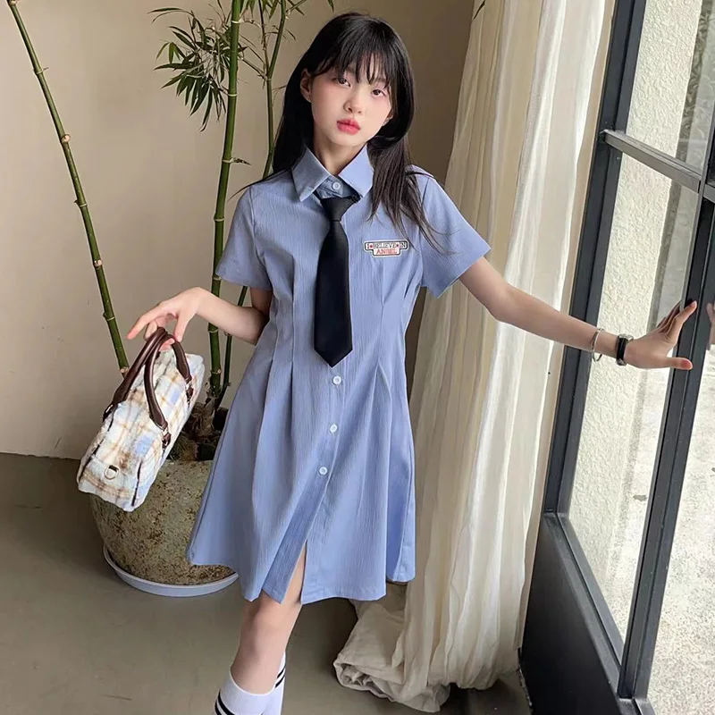 

Summer college style teen Girls Casual Dresses vestido midi elegante Fashion waistband dress tie clothes set kids outfits suit