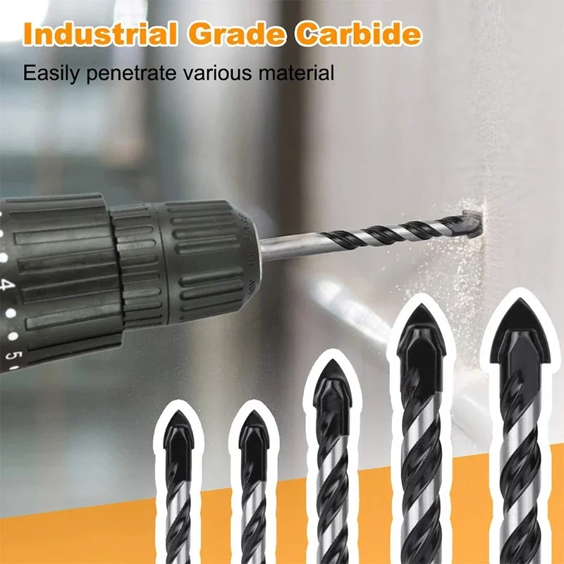 5Pcs Carbide Tip Drill Bit Set 6/8/10/12mm, Professional Multi-purpose Bits for Concrete, Brick, Cement, Wood, Glass