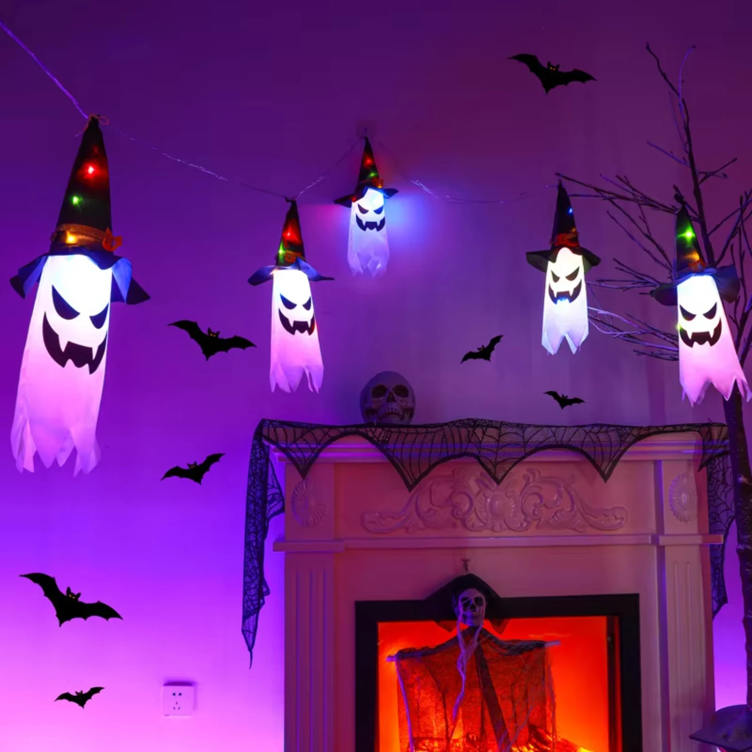 Ghost Hanging Lights String Hanging Witch Hat Ghost Decorative Light Halloween Decorations Funny stickers Condoms Birthday Fangs