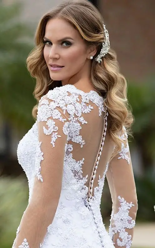 Trouwjurk met lange mouwen Fishtail rok Slim Fit Sexy Kant Backless Bruiloft Banket Engagement Banketjurk Aangepast