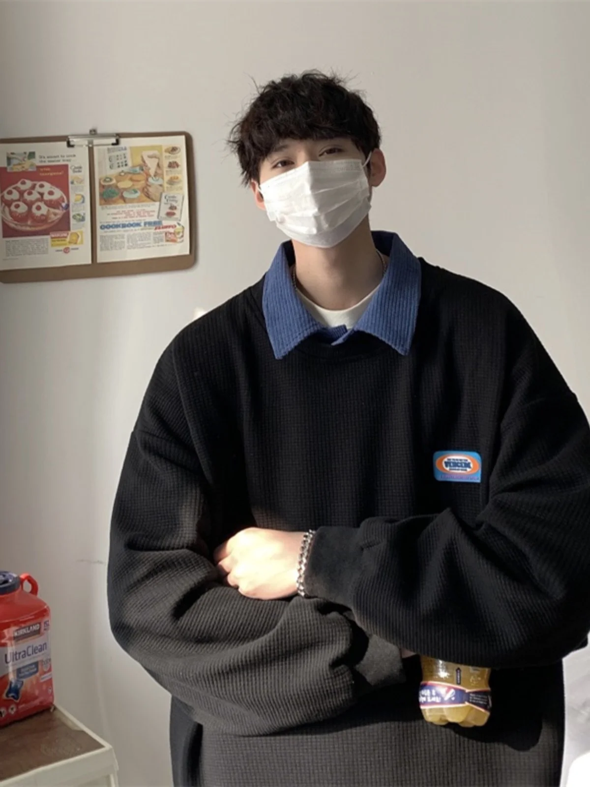 

Мужская толстовка оверсайз с отложным воротником, имитация двухслойности, модный дизайн, весна-осень, повседневная, плотная, удобная посадка