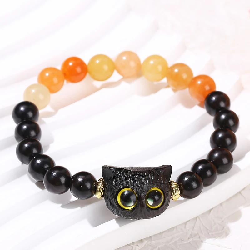 JD Natural Red Aventurine Ebony Wood Black Cat Head Bracelets Women Fashion Cartoon Animal Beaded Bracelet Handmade Jewelry