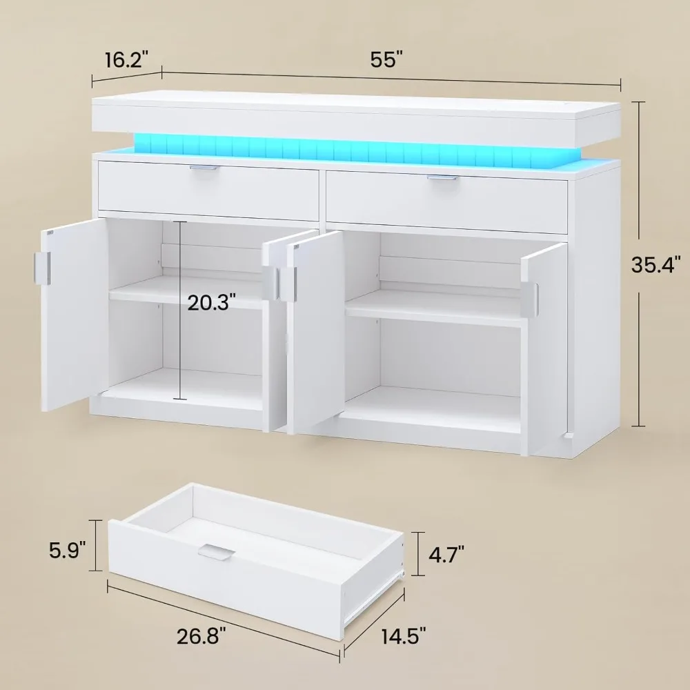 خزانة جانبية بوفيه بيضاء طويلة حديثة مع إضاءة LED ومحطة شحن، أرفف قابلة للتعديل Credenza لبار القهوة والنبيذ