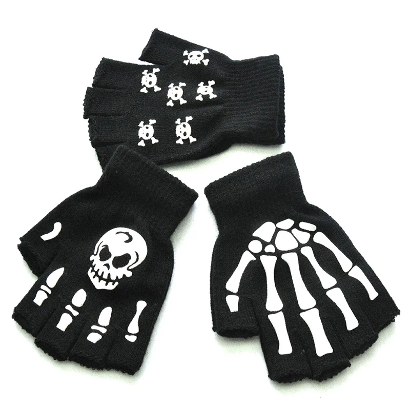 New Adult Cosplay Halloween Skeleton Skull Half Finger Punk Gloves Luminous Claw Print Antumn Winter Warm Knitted Gloves