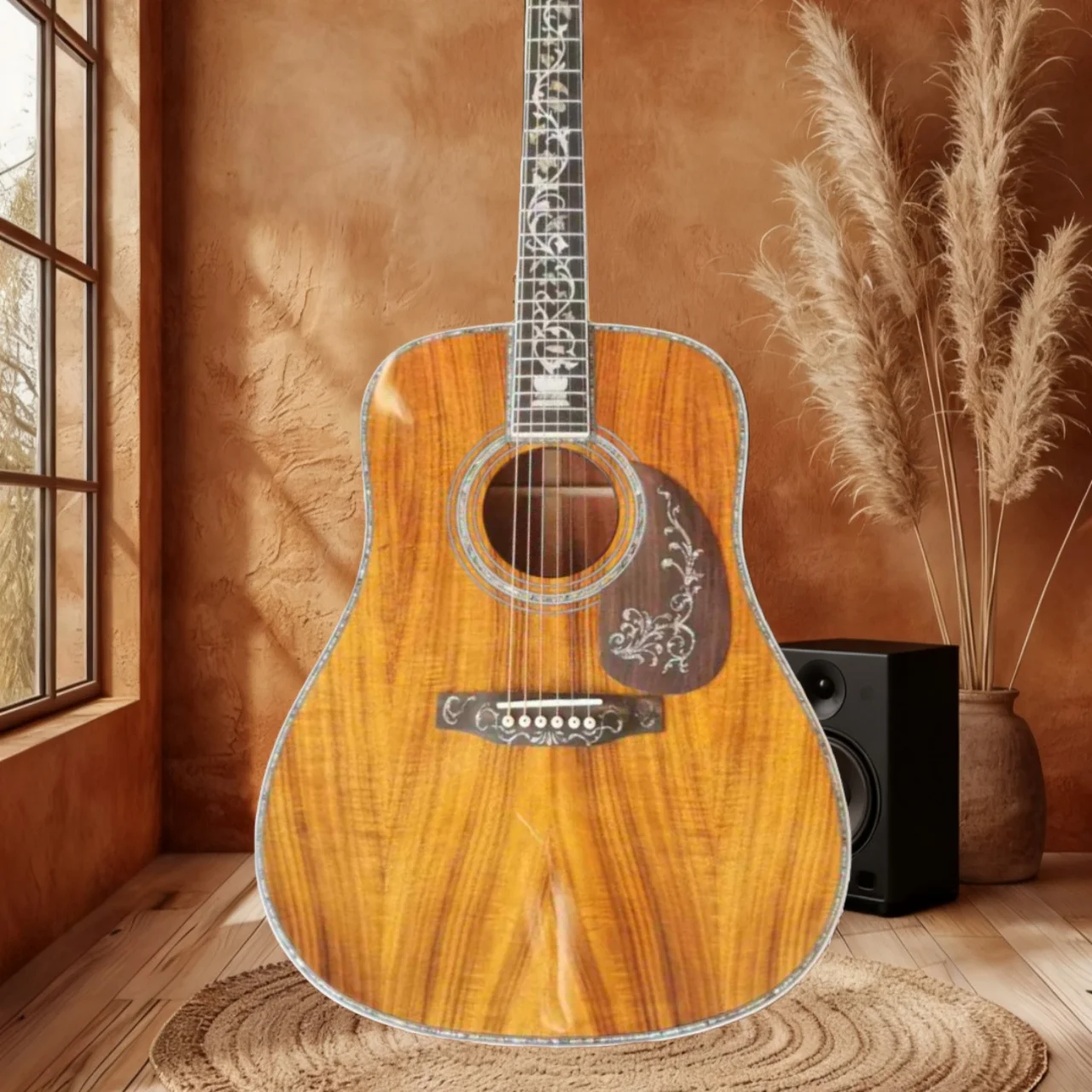 

Коричневая акустическая гитара KAO Wood серии D45 с грифом из черного дерева, подходит для кантри-музыки, фолка, выступлений в группе и рождественских выступлений.