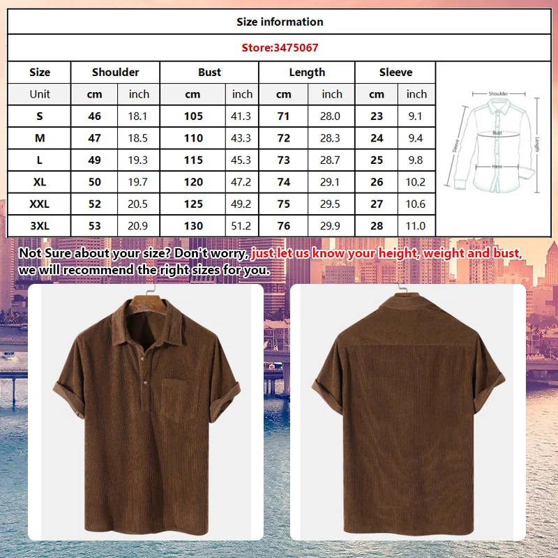 New Fashion Brown Corduroy Shirts for Men camisa masculina Mens Short Sleeve Button Up Shirt