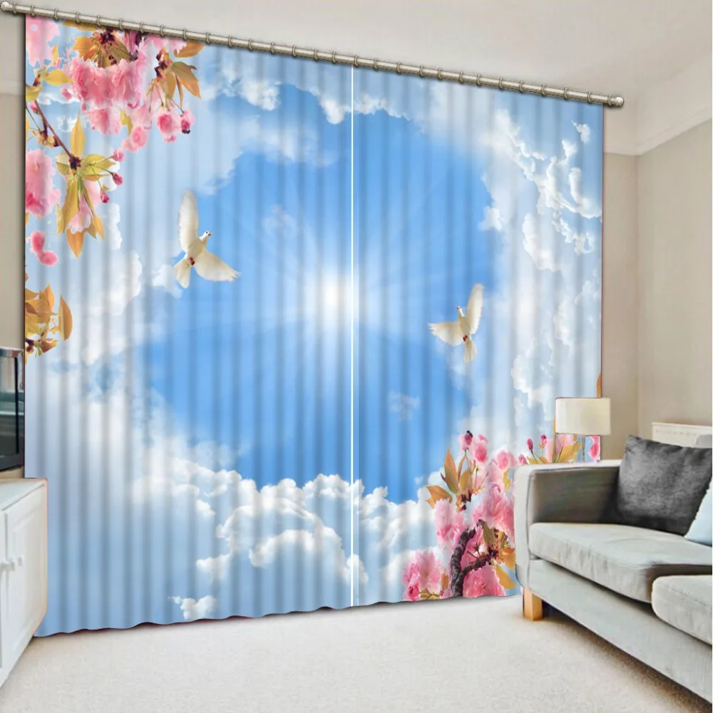 Top Classic 3D European Style curtains for window living room blue sky pink flower