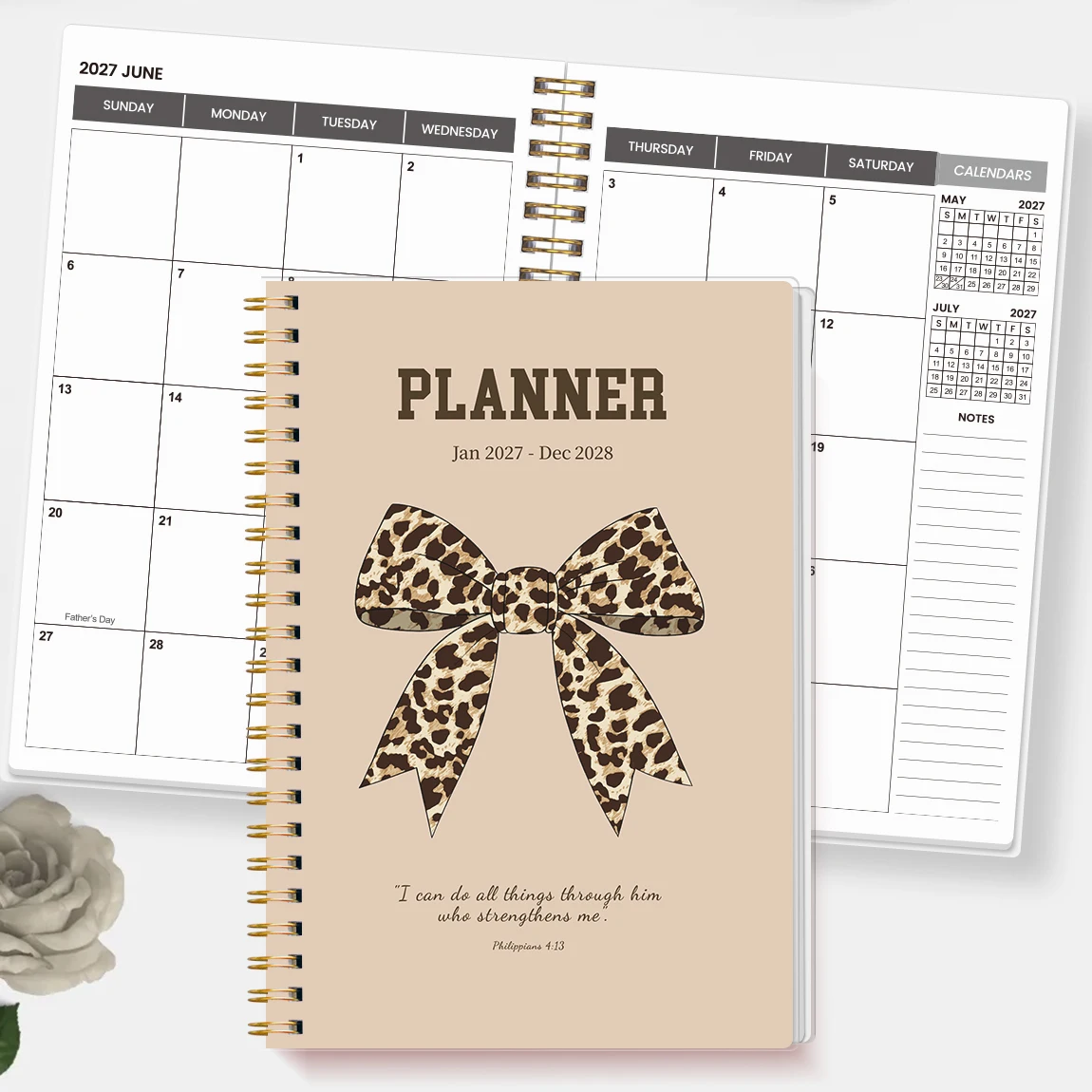 1PC 2027-2028 A5 Monthly Planner Notebook, Beige Leopard Bow Spiral Organizer for Work, School, Home & Daily Planning