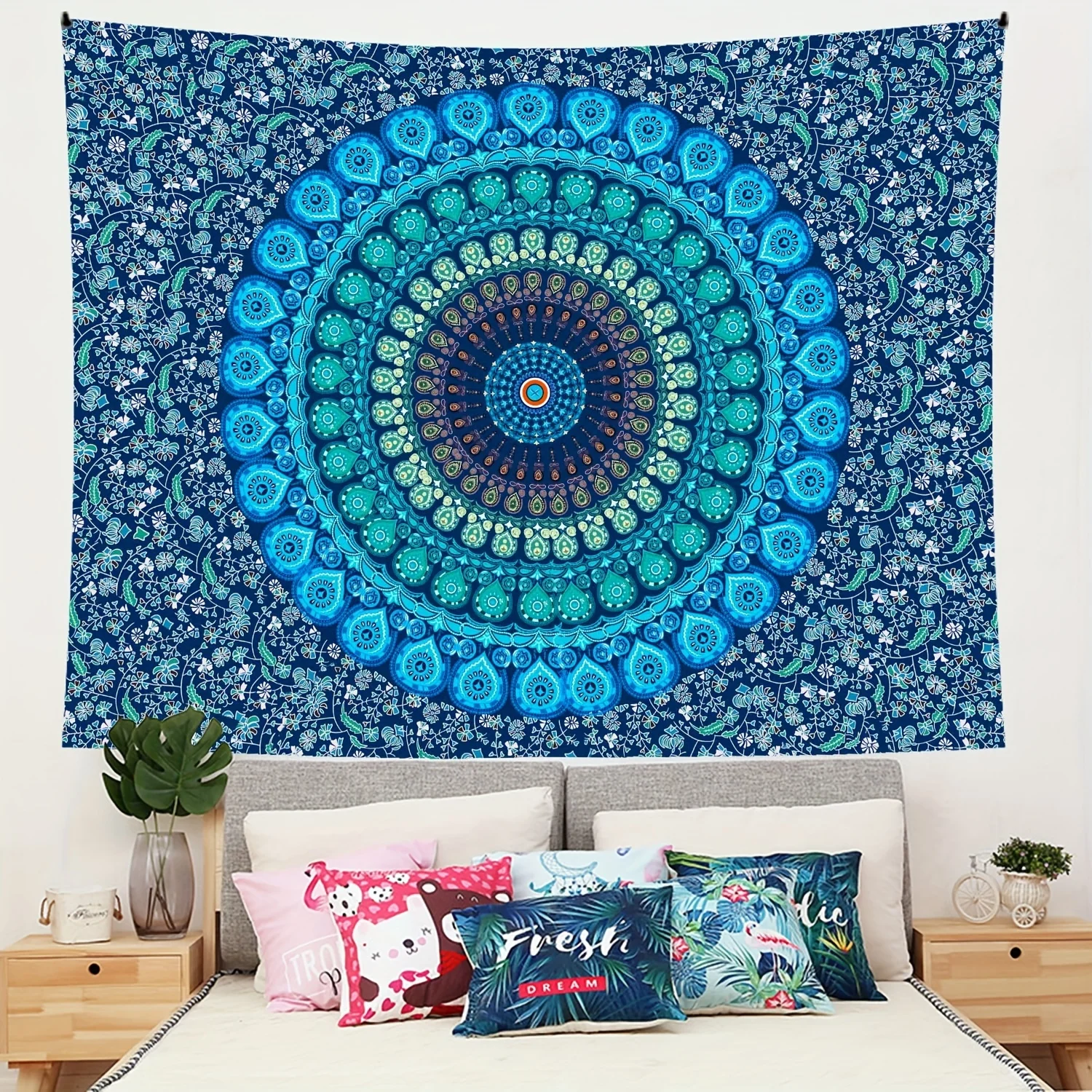 Tapiz Mandala |   Colgante Pared Terciopelo Piel Durazno Azul |   Poliéster 90gsm |   Diseño Mandala Multicolor para De