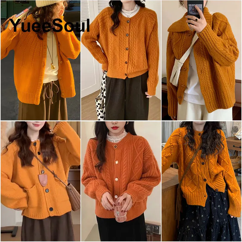 Orange Cardigan for Women Long Sleeve Loose Basics Women's Sweater Knitwear 2026 Autumn New High Street Vintage Y2K Jumpers